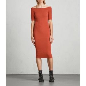 ALLSAINTS red Lavine Bandeau Off Shoulder Ribbed Knit Bodycon Midi Dress medium
